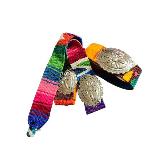 Vintage Silver Concho Belt Mexican Serape Woven Southwestern Boho Festival - Picture 3 of 6